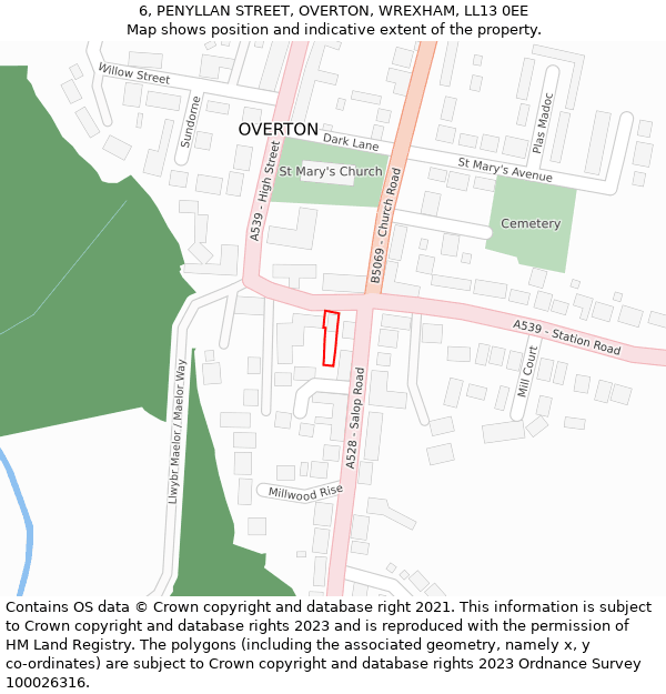 6, PENYLLAN STREET, OVERTON, WREXHAM, LL13 0EE: Location map and indicative extent of plot