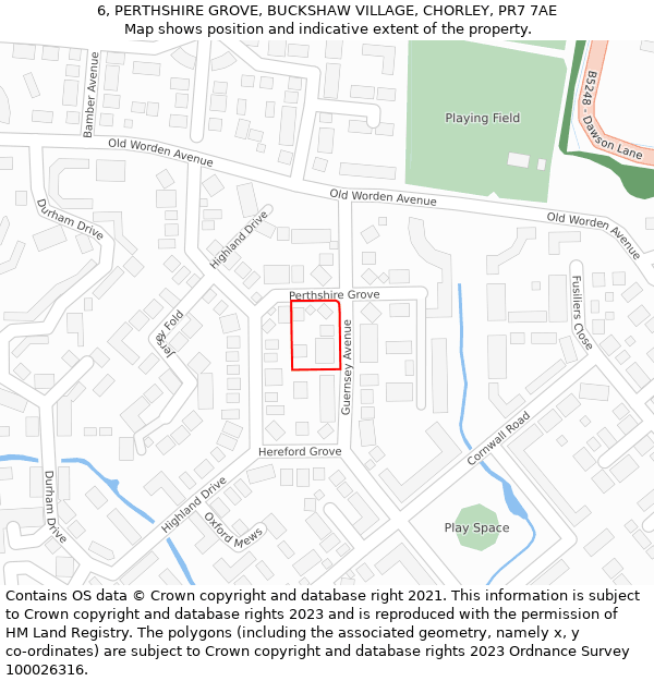 6, PERTHSHIRE GROVE, BUCKSHAW VILLAGE, CHORLEY, PR7 7AE: Location map and indicative extent of plot
