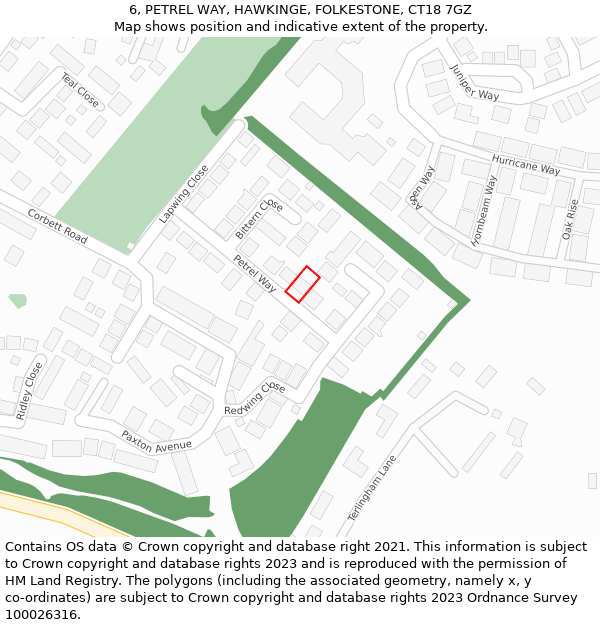 6, PETREL WAY, HAWKINGE, FOLKESTONE, CT18 7GZ: Location map and indicative extent of plot