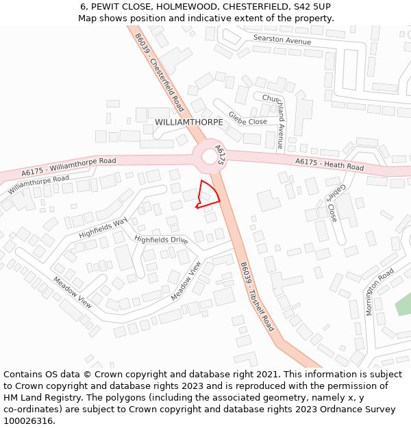 6, PEWIT CLOSE, HOLMEWOOD, CHESTERFIELD, S42 5UP: Location map and indicative extent of plot