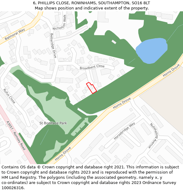 6, PHILLIPS CLOSE, ROWNHAMS, SOUTHAMPTON, SO16 8LT: Location map and indicative extent of plot