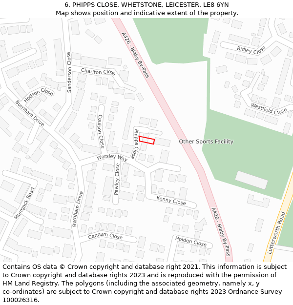 6, PHIPPS CLOSE, WHETSTONE, LEICESTER, LE8 6YN: Location map and indicative extent of plot