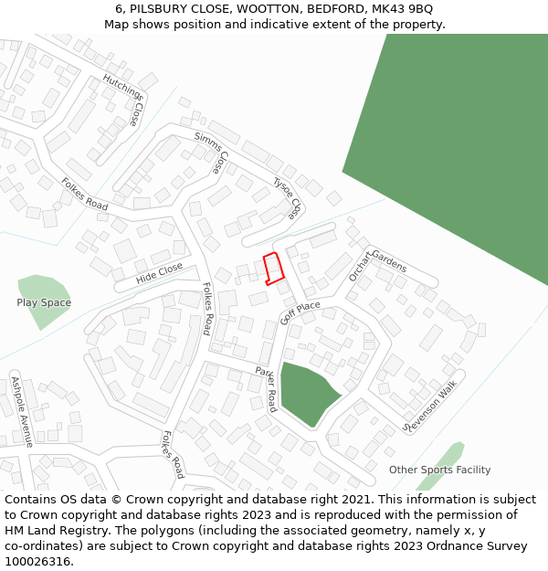 6, PILSBURY CLOSE, WOOTTON, BEDFORD, MK43 9BQ: Location map and indicative extent of plot