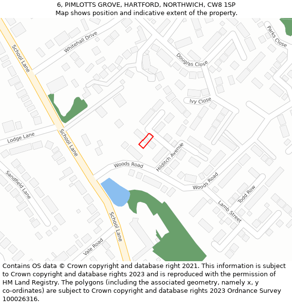 6, PIMLOTTS GROVE, HARTFORD, NORTHWICH, CW8 1SP: Location map and indicative extent of plot