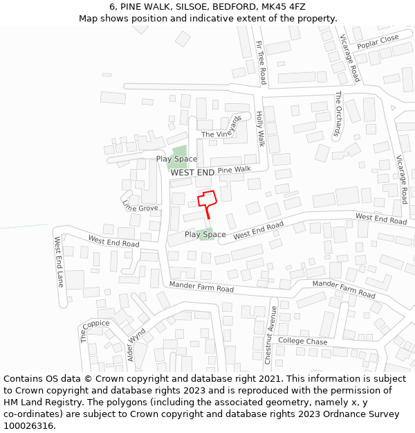 6, PINE WALK, SILSOE, BEDFORD, MK45 4FZ: Location map and indicative extent of plot