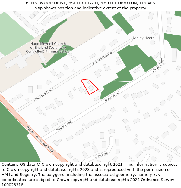 6, PINEWOOD DRIVE, ASHLEY HEATH, MARKET DRAYTON, TF9 4PA: Location map and indicative extent of plot