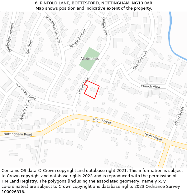 6, PINFOLD LANE, BOTTESFORD, NOTTINGHAM, NG13 0AR: Location map and indicative extent of plot