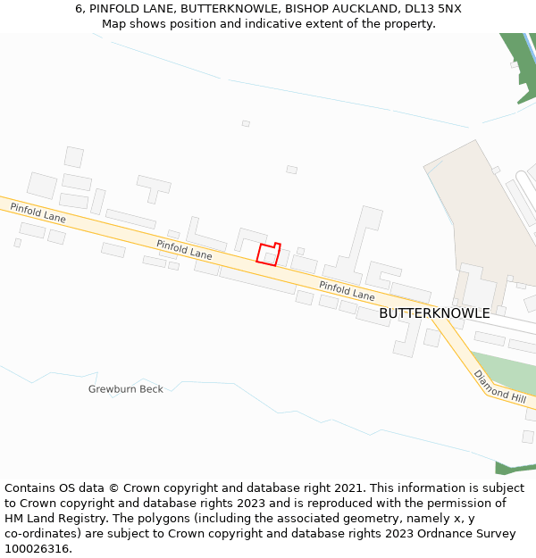 6, PINFOLD LANE, BUTTERKNOWLE, BISHOP AUCKLAND, DL13 5NX: Location map and indicative extent of plot