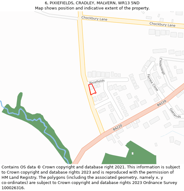 6, PIXIEFIELDS, CRADLEY, MALVERN, WR13 5ND: Location map and indicative extent of plot