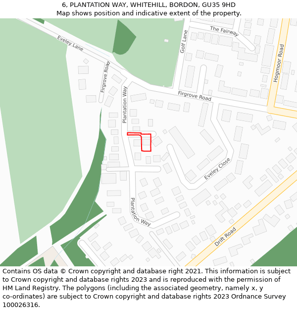 6, PLANTATION WAY, WHITEHILL, BORDON, GU35 9HD: Location map and indicative extent of plot