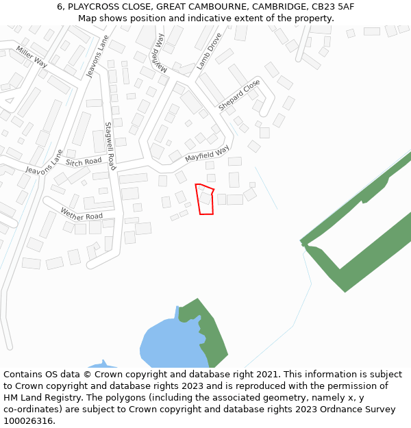 6, PLAYCROSS CLOSE, GREAT CAMBOURNE, CAMBRIDGE, CB23 5AF: Location map and indicative extent of plot