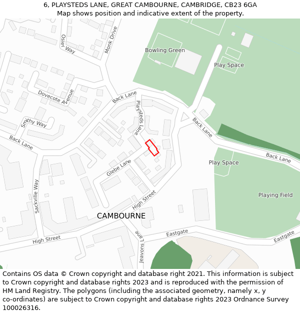 6, PLAYSTEDS LANE, GREAT CAMBOURNE, CAMBRIDGE, CB23 6GA: Location map and indicative extent of plot