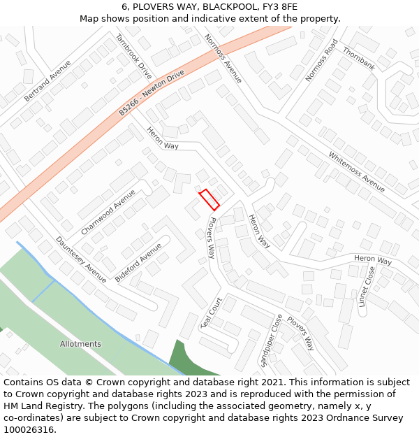 6, PLOVERS WAY, BLACKPOOL, FY3 8FE: Location map and indicative extent of plot