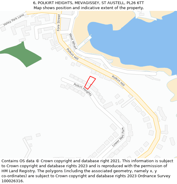 6, POLKIRT HEIGHTS, MEVAGISSEY, ST AUSTELL, PL26 6TT: Location map and indicative extent of plot