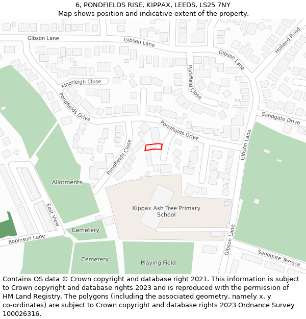6, PONDFIELDS RISE, KIPPAX, LEEDS, LS25 7NY: Location map and indicative extent of plot