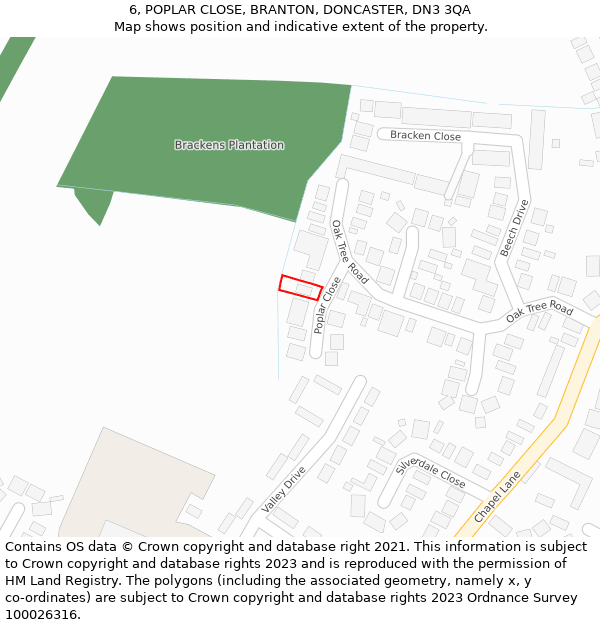 6, POPLAR CLOSE, BRANTON, DONCASTER, DN3 3QA: Location map and indicative extent of plot