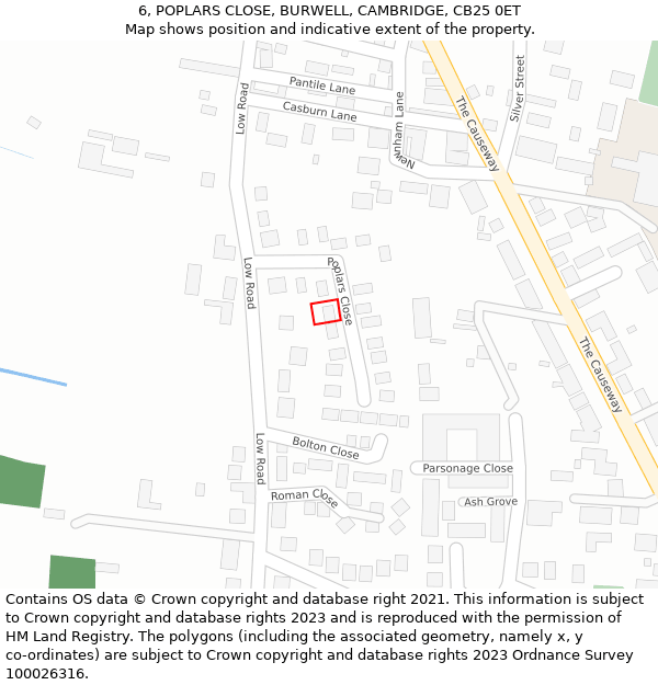 6, POPLARS CLOSE, BURWELL, CAMBRIDGE, CB25 0ET: Location map and indicative extent of plot