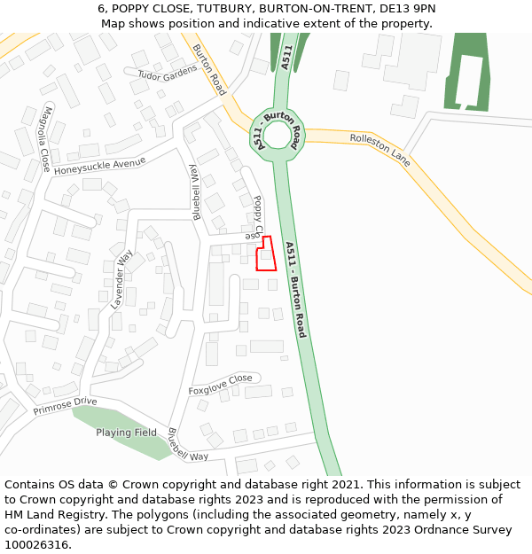 6, POPPY CLOSE, TUTBURY, BURTON-ON-TRENT, DE13 9PN: Location map and indicative extent of plot