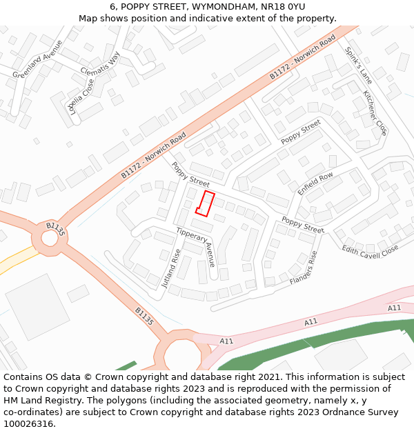6, POPPY STREET, WYMONDHAM, NR18 0YU: Location map and indicative extent of plot