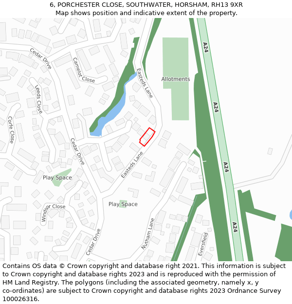 6, PORCHESTER CLOSE, SOUTHWATER, HORSHAM, RH13 9XR: Location map and indicative extent of plot