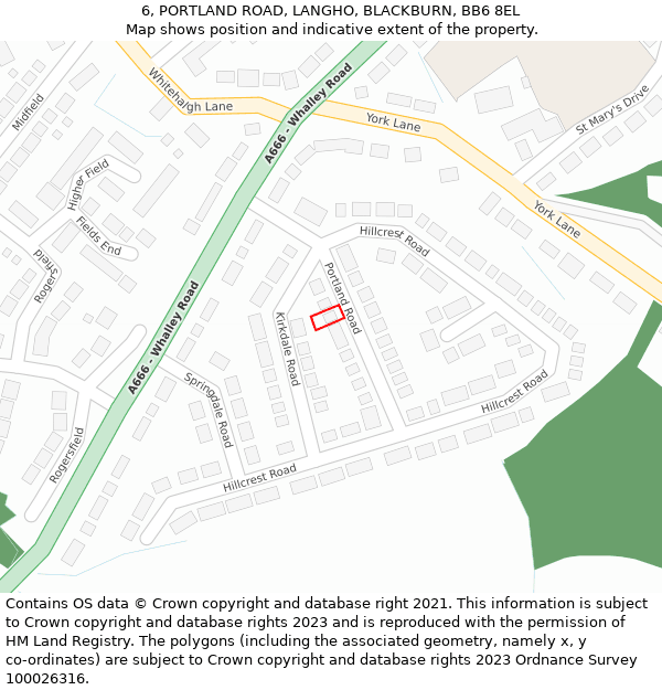 6, PORTLAND ROAD, LANGHO, BLACKBURN, BB6 8EL: Location map and indicative extent of plot