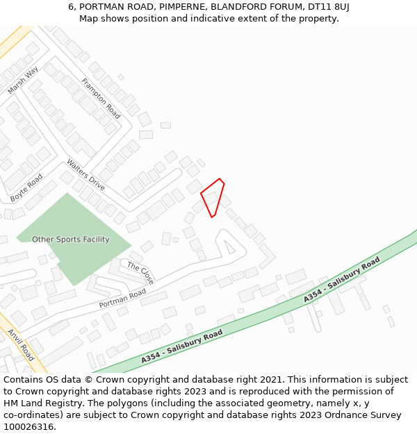 6, PORTMAN ROAD, PIMPERNE, BLANDFORD FORUM, DT11 8UJ: Location map and indicative extent of plot