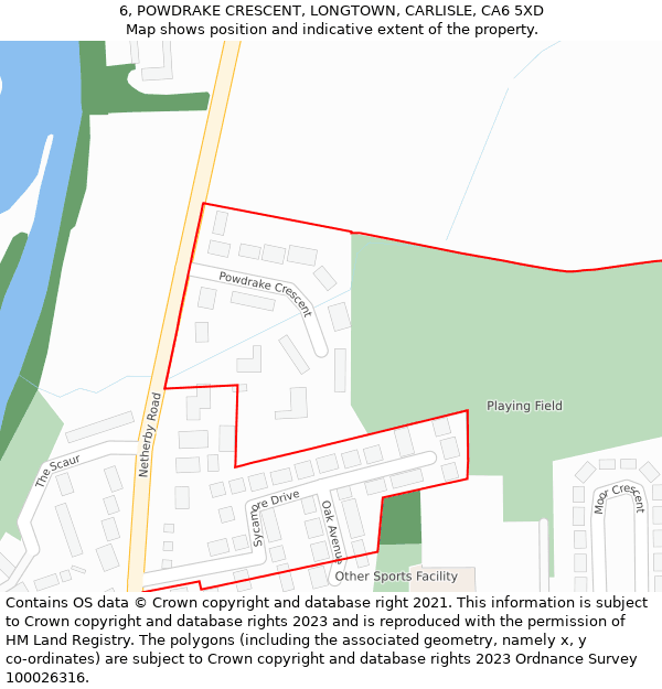 6, POWDRAKE CRESCENT, LONGTOWN, CARLISLE, CA6 5XD: Location map and indicative extent of plot