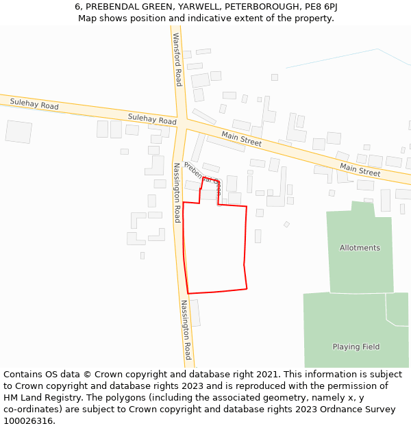 6, PREBENDAL GREEN, YARWELL, PETERBOROUGH, PE8 6PJ: Location map and indicative extent of plot