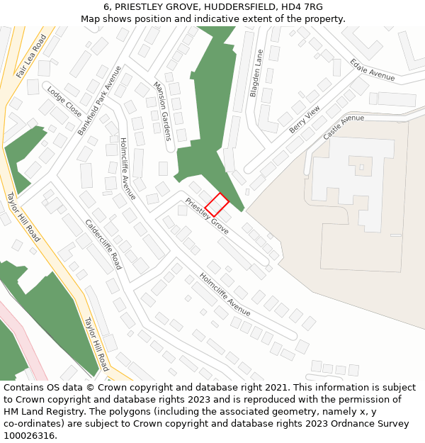 6, PRIESTLEY GROVE, HUDDERSFIELD, HD4 7RG: Location map and indicative extent of plot