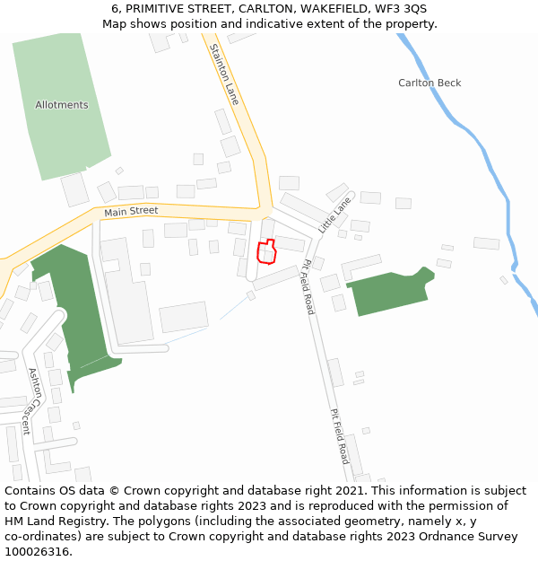 6, PRIMITIVE STREET, CARLTON, WAKEFIELD, WF3 3QS: Location map and indicative extent of plot