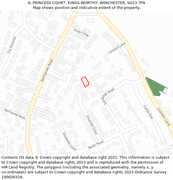 6, PRINCESS COURT, KINGS WORTHY, WINCHESTER, SO23 7FN: Location map and indicative extent of plot