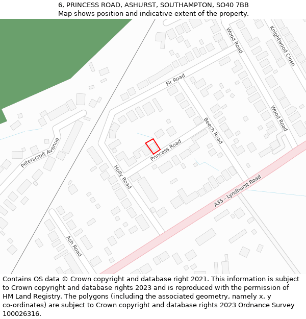 6, PRINCESS ROAD, ASHURST, SOUTHAMPTON, SO40 7BB: Location map and indicative extent of plot