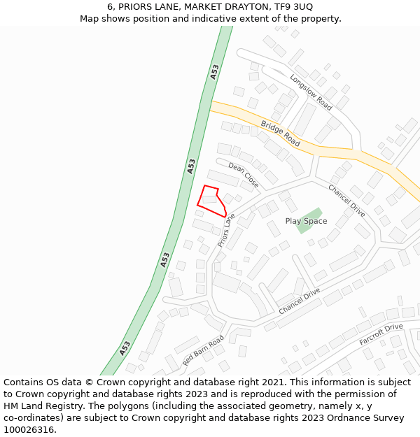 6, PRIORS LANE, MARKET DRAYTON, TF9 3UQ: Location map and indicative extent of plot