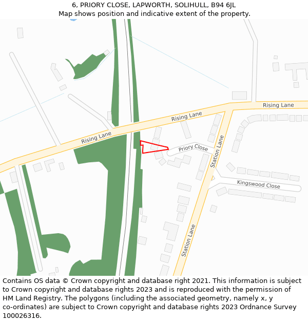 6, PRIORY CLOSE, LAPWORTH, SOLIHULL, B94 6JL: Location map and indicative extent of plot