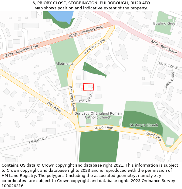 6, PRIORY CLOSE, STORRINGTON, PULBOROUGH, RH20 4FQ: Location map and indicative extent of plot