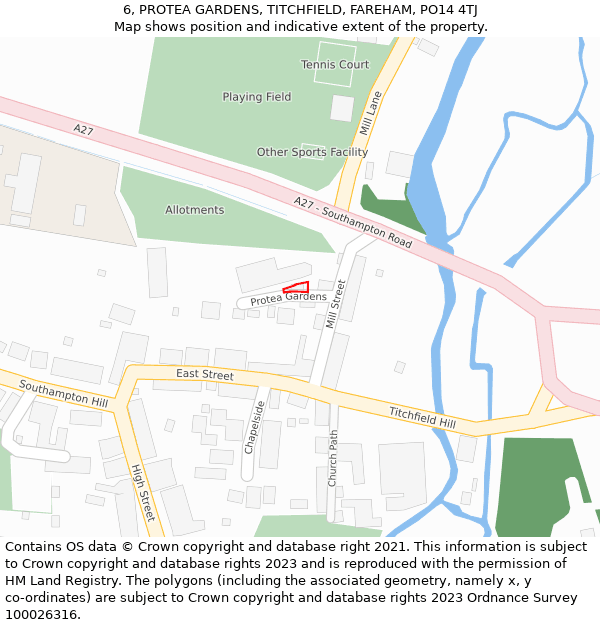 6, PROTEA GARDENS, TITCHFIELD, FAREHAM, PO14 4TJ: Location map and indicative extent of plot