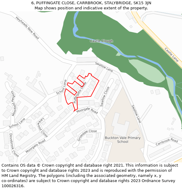 6, PUFFINGATE CLOSE, CARRBROOK, STALYBRIDGE, SK15 3JN: Location map and indicative extent of plot