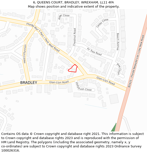 6, QUEENS COURT, BRADLEY, WREXHAM, LL11 4FA: Location map and indicative extent of plot