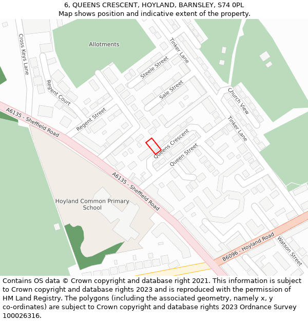 6, QUEENS CRESCENT, HOYLAND, BARNSLEY, S74 0PL: Location map and indicative extent of plot