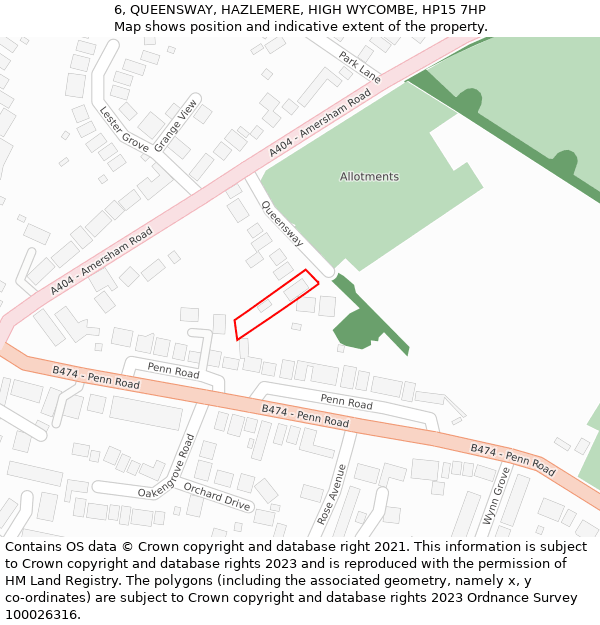 6, QUEENSWAY, HAZLEMERE, HIGH WYCOMBE, HP15 7HP: Location map and indicative extent of plot