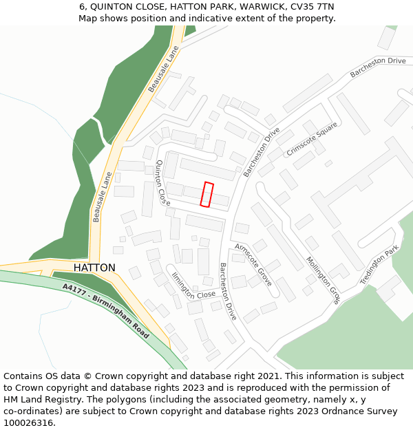 6, QUINTON CLOSE, HATTON PARK, WARWICK, CV35 7TN: Location map and indicative extent of plot