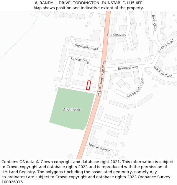 6, RANDALL DRIVE, TODDINGTON, DUNSTABLE, LU5 6FE: Location map and indicative extent of plot