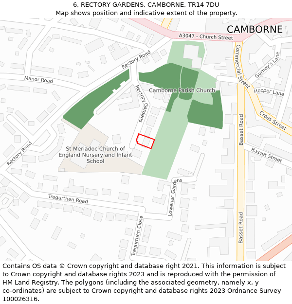 6, RECTORY GARDENS, CAMBORNE, TR14 7DU: Location map and indicative extent of plot