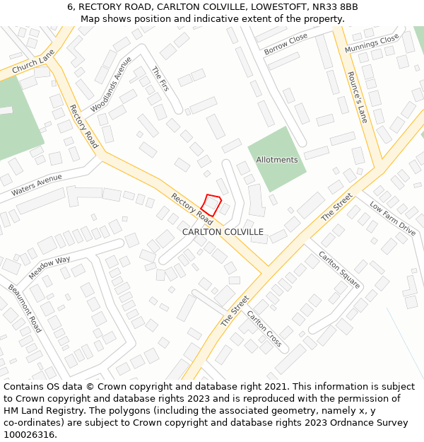 6, RECTORY ROAD, CARLTON COLVILLE, LOWESTOFT, NR33 8BB: Location map and indicative extent of plot