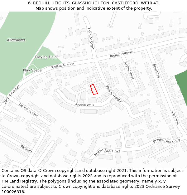 6, REDHILL HEIGHTS, GLASSHOUGHTON, CASTLEFORD, WF10 4TJ: Location map and indicative extent of plot