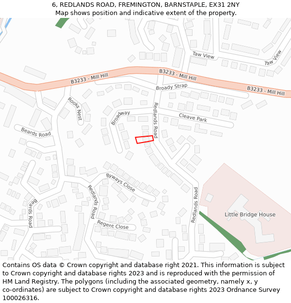 6, REDLANDS ROAD, FREMINGTON, BARNSTAPLE, EX31 2NY: Location map and indicative extent of plot