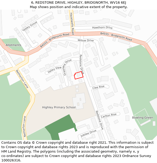 6, REDSTONE DRIVE, HIGHLEY, BRIDGNORTH, WV16 6EJ: Location map and indicative extent of plot