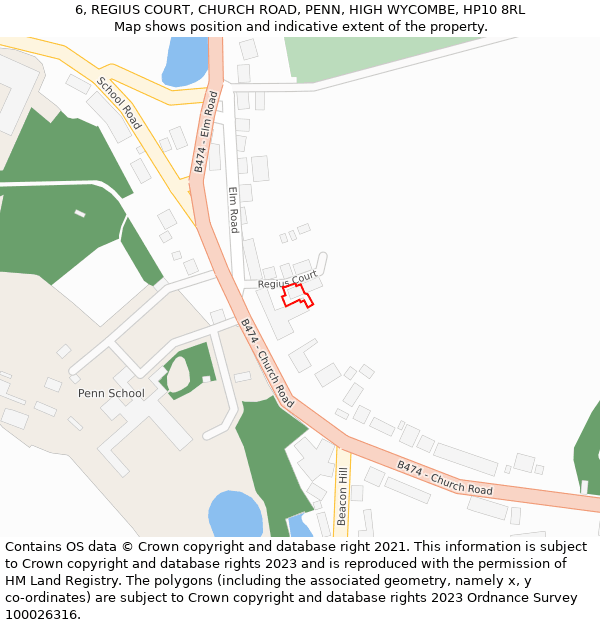 6, REGIUS COURT, CHURCH ROAD, PENN, HIGH WYCOMBE, HP10 8RL: Location map and indicative extent of plot