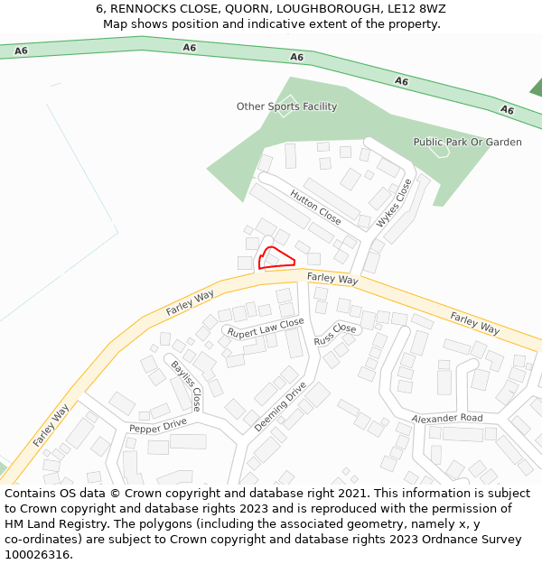 6, RENNOCKS CLOSE, QUORN, LOUGHBOROUGH, LE12 8WZ: Location map and indicative extent of plot