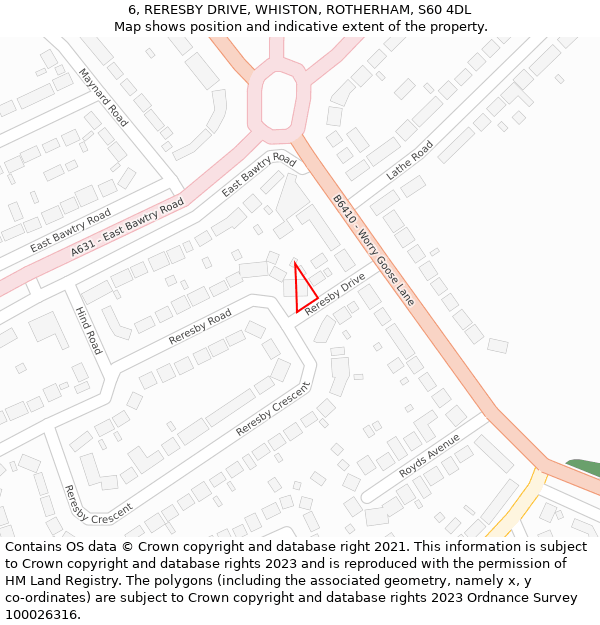 6, RERESBY DRIVE, WHISTON, ROTHERHAM, S60 4DL: Location map and indicative extent of plot